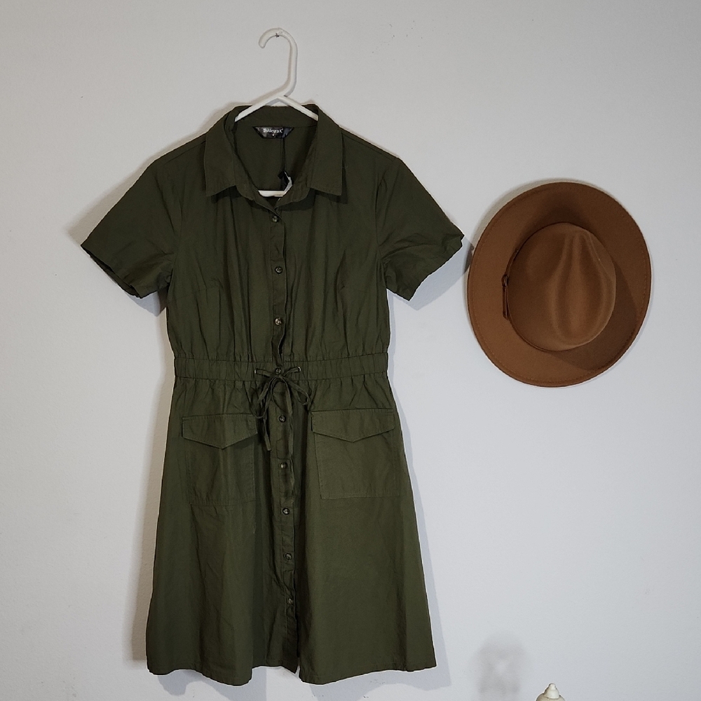 Allegra K Dark Green Button-Up Mini Dress